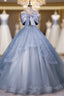 Blue Tulle Sequins Bow Quinceanera Dress