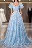 Blue Tulle Sequins Butterfly Short Sleeve Prom Dress