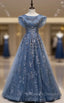 Blue Tulle Sequins Cap Sleeve Scoop Prom Dress