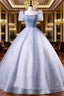 Blue Tulle Sequins Floor Length Prom Dress, Elegant Short Sleeve Prom Prom Dress