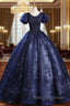 Blue Tulle Sequins Long Formal Dress, A Line Short Sleeve Prom Prom Dress