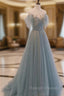 Blue Tulle Sequins Long Prom Dress, A-Line Scoop Neckline Party Dress