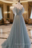 Blue Tulle Sequins Long Prom Dresses A Line Scoop Neckline Prom Dresses