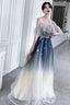 Blue Tulle Sequins Long Prom Dresses, A-Line Off The Shoulder Party Dresses