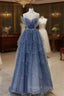 Blue Tulle Sequins Long Prom Gowns, Blue Spaghetti Straps Formal Prom Dress
