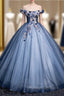 Blue Tulle Sequins Off the Shoulder Appliques Ball Gown Quinceanera Dress