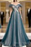 Blue Tulle Sequins Off the Shoulder Appliques Prom Dress