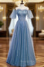 Blue Tulle Sequins Off the Shoulder Beading Pleats Prom Dress
