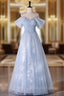 Blue Tulle Sequins Off the Shoulder Lace Beading Prom Dress