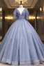 Blue Tulle Sequins Pleats V Neck Quinceanera Dress