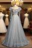 Blue Tulle Sequins Puff Sleeve Beading Prom Dress