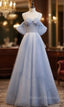 Blue Tulle Sequins Spaghetti Straps Beading Prom Dress