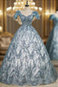 Blue Tulle Sequins Square Quinceanera Dress