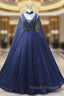 Blue Tulle Sequins V Neck Beading Prom Dress
