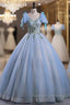 Blue Tulle Sequins V-neck Beading Quinceanera Dress