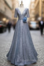 Blue Tulle Sequins V Neck Short Sleeve Beading Prom Dress