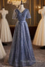 Blue Tulle Sequins V Neck Short Sleeve Prom Dress