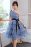 Blue Tulle Short Prom Dresses, One Shoulder Evening Dresses
