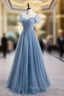 Blue Tulle Short Sleeve Scoop Neck Prom Dress