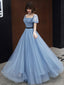 Blue Tulle Short Sleeves Long Party Dress, A-Line Blue Prom Formal Dress