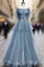 Blue Tulle Spagehtti Straps Beading Prom Dress