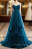 Blue Tulle Spagehtti Straps High Waist Pleats Prom Dress