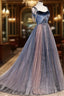 Blue Tulle Spaghetti Strap Long Prom Dress, A-Line Lace-Up Evening Dress