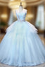 Blue Tulle Spaghetti Straps Appliques Quinceanera Dress