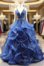 Blue Tulle Spaghetti Straps Beaded Prom Dress