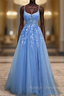 Blue Tulle Spaghetti Straps Prom Dress