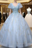 Blue Tulle Square Puff Sleeve Beading Quinceanera Dress