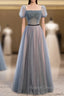 Blue Tulle Square Short Sleeve Pleats Beading Prom Dress