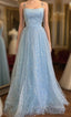 Blue Tulle Star Sequins Spaghetti Straps Prom Dress