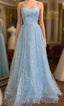 Blue Tulle Star Sequins Spaghetti Straps Prom Dress