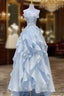 Blue Tulle Strapless Appliques Prom Dress