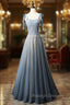 Blue Tulle Straps Beading Prom Dress