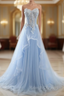 Blue Tulle Sweetheart Appliques Beading Prom Dresses