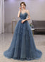 Blue Tulle Sweetheart Beaded Straps A-Line Junior Prom Dress, Blue Long Evening Dress