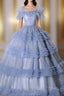 Blue Tulle Tiers Off the Shoulder Quinceanera Dress