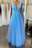 Blue Tulle V-neck Backless Appliques Prom Dress