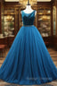 Blue Tulle Velvet Beading Prom Dress