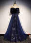 Blue Tulle With Velvet Long Prom Dresses A-Line Off Shoulder Prom Dresses Prom Dresses