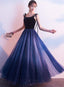 Blue Tulle With Velvet Straps Long Prom Dresses Gorgeous Prom Gowns
