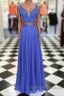 Blue two pieces beads long prom Dresses blue Prom Dresses