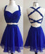 Blue Two Pieces Lace Short Prom Dresses Cute Homecoming Dresses