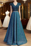 Blue V Neck Cap Sleeve Backless Sequins Beading Prom Dress