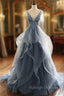Blue V Neck Lace Appliques Tulle Spaghetti Straps Prom Dress