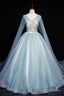 Blue V Neck Lace Long Prom Dress, Blue A Line Formal Prom Dress