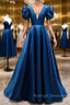 Blue v neck satin Prom Dresses Long blue satin Prom Dresses
