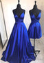 Blue V-Neck Satin Prom Dresses, A-Line Evening Dresses